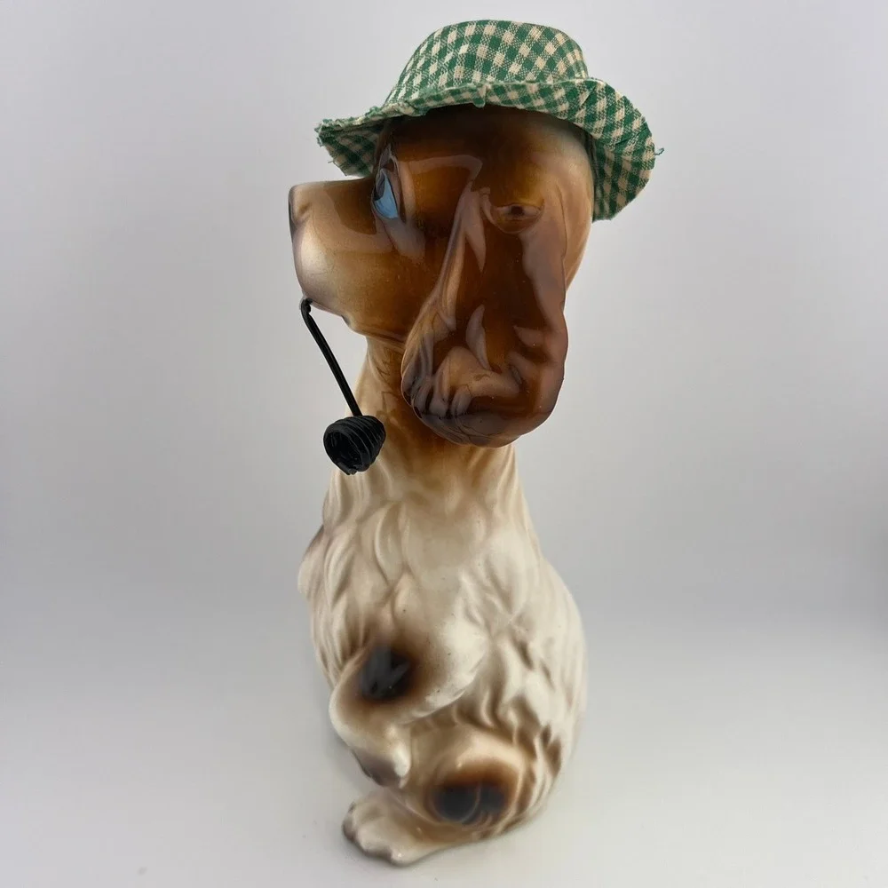 Vintage Big Eye Dog Figurine‎ With Cloth Hat Pipe Kitsch Decor Puppy 7.50